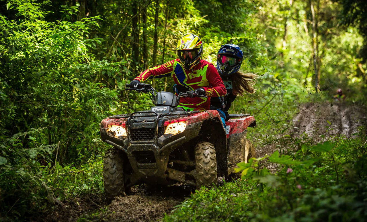 person four wheeling in the woods