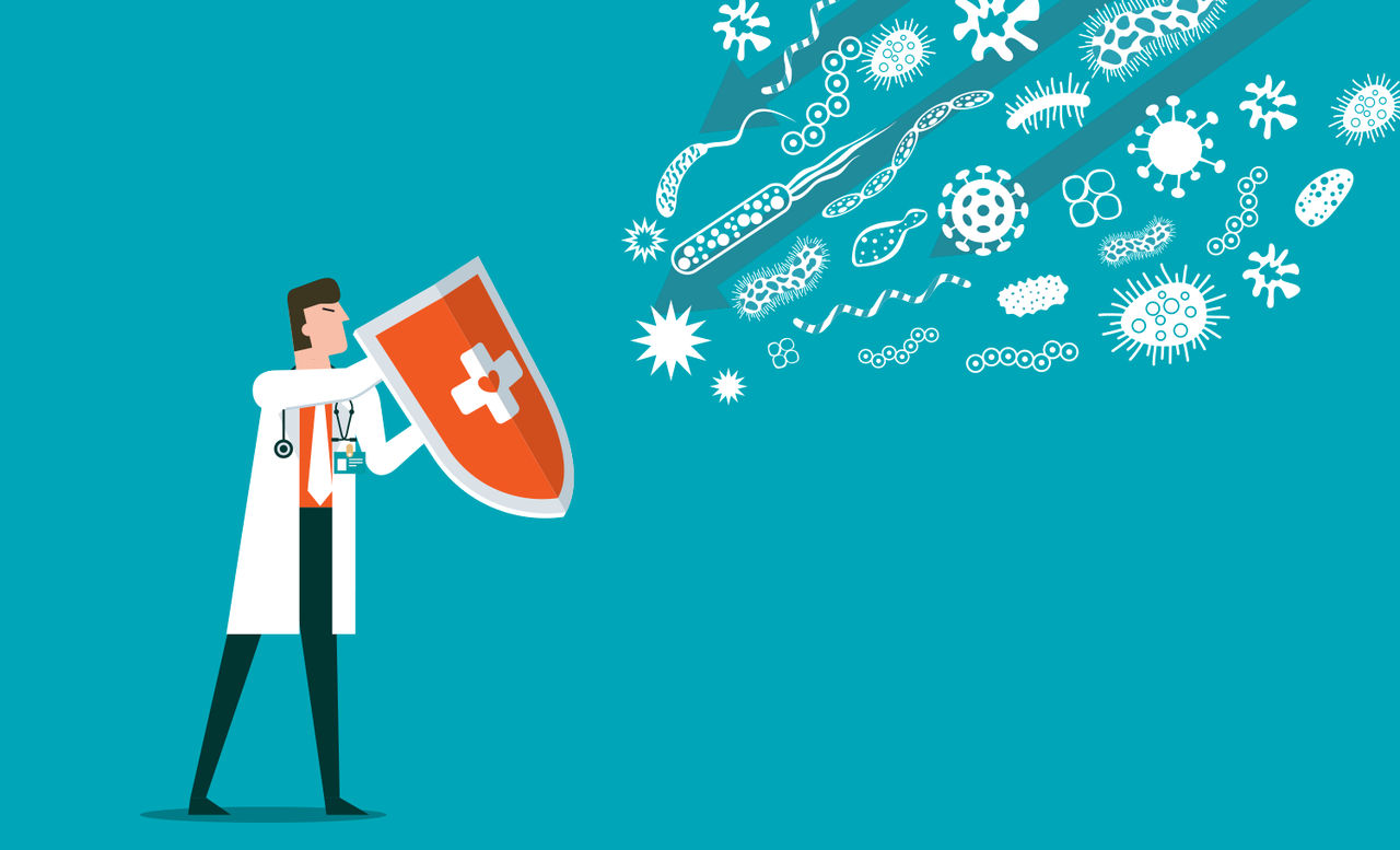 illustration of a man with a shield fighting off viruses