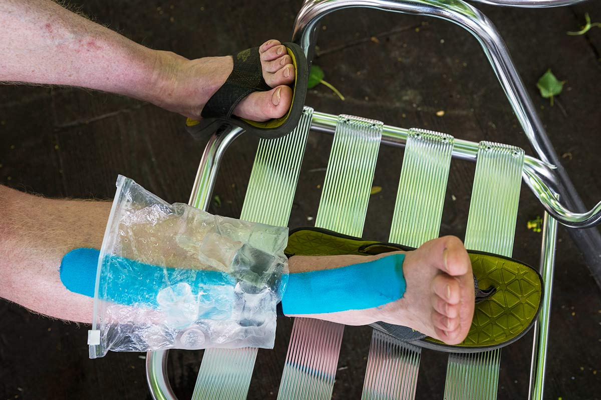 Elevated injured foot with ice