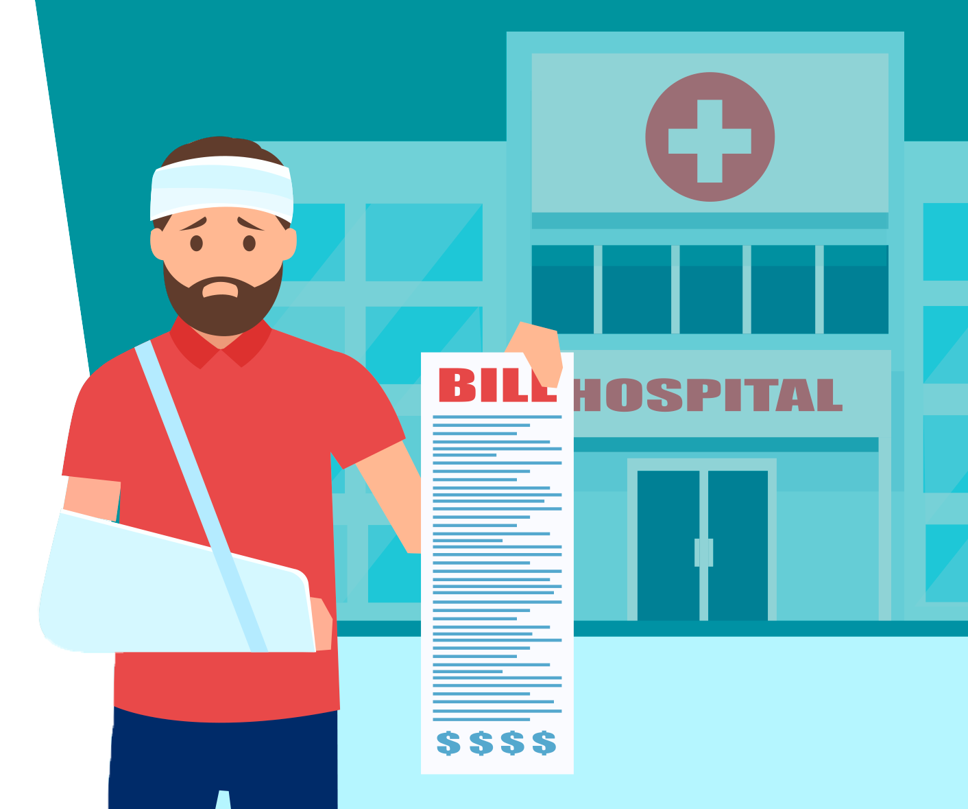 illustration of person holding a large medical bill in front of a hospital